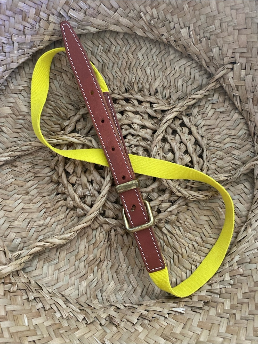 Vintage Old Navy Canvas & Leather Webbed Belt Yellow Brown Y2K Brass Buckle